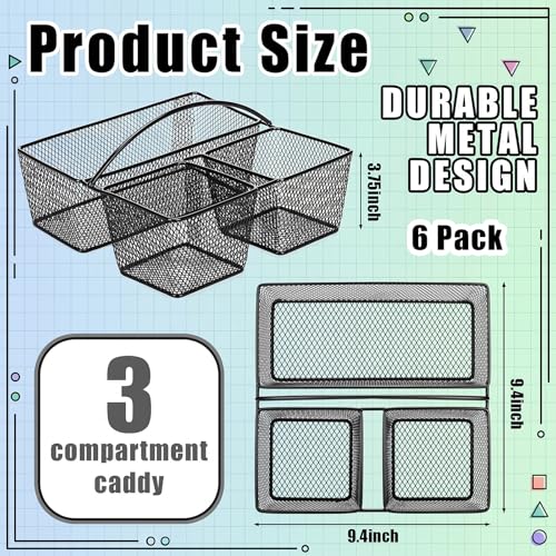 LemonRoad 6 Pcs Classroom Table Caddy Portable Metal Storage Caddy with Handle 3 Compartment Multipurpose Classroom Storage Organizer Caddies for Table Desk Office School Kids Room (Black)
