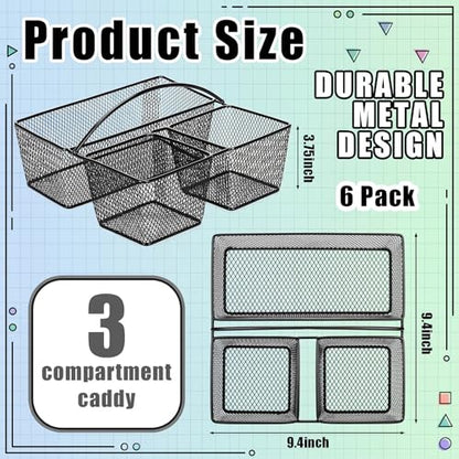 LemonRoad 6 Pcs Classroom Table Caddy Portable Metal Storage Caddy with Handle 3 Compartment Multipurpose Classroom Storage Organizer Caddies for Table Desk Office School Kids Room (Black)