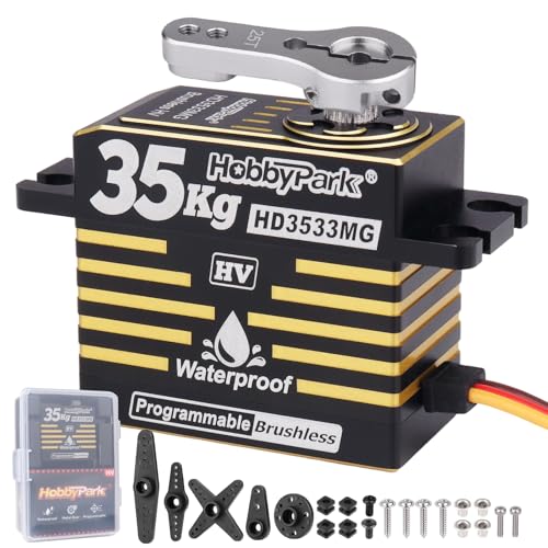 HobbyPark Waterproof RC Servo High Torque Brushless Motor Metal Gear Digital Servo Aluminum Case for 1/8 1/10 RC Crawler SCX10 TRX4 RC Truck Car Buggy RC Basher Bashing 180° HV (35kg Torque)
