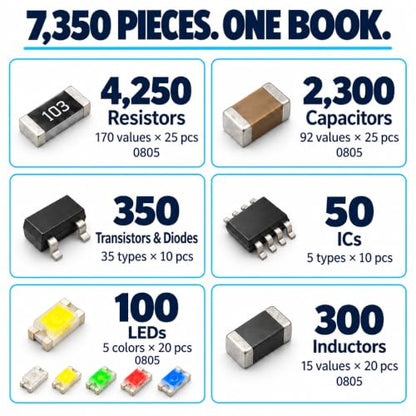 SMD Component Assortment Kit, 7,350 Pieces, 0805 Resistor Capacitor Book