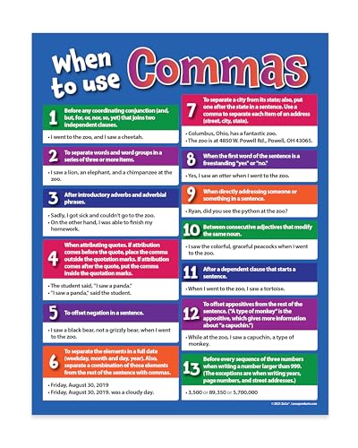 ZOCO – When to Use Commas Poster – Grammar & Punctuation Rules Chart for Writing – Laminated 17x22 – English Classroom Decor for Middle & High School ELA - size: 22"L x 17"W