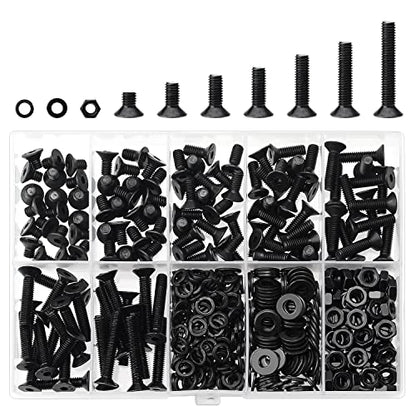 HELIFOUNER 380 Pieces M4 x 6mm /8mm /10mm /12mm /16mm /20mm /25mm, Countersunk Head Socket Cap Screws Bolts Washers Nuts Kit, 10.9 Grade Alloy Steel, Full Threaded, Black - size: M4, style: Countersunk Head