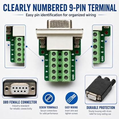 UHUZZ 1PCS DB9 Female Breakout Connector, Solderless 9-Pin D-Sub RS232 Serial Adapter with Screw Terminals, Protective Housing, Long Screws and Tail Pipe for PLC, Modem, Industrial Equipment