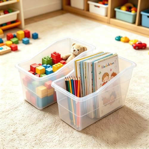 12 Pack Book Bins for Classroom Stackable Plastic Storage with Labels - color: transparent