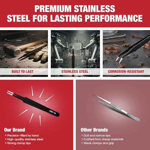 Precision Tweezers Set, 5PCS Upgraded Anti-Static Stainless Steel ESD Tweezers Kit for Electronics Repair, Soldering, Laboratory Work, Jewelry-Making, Model Building, Crafts with Storage Bag