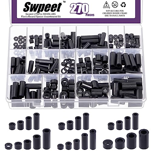 Swpeet 270Pcs 18 Sizes Black Nylon Round Spacer Standoff Screw Nut Assortment Kit, Nylon ABS Plastic Standoff, Length 3mm 5mm 6mm 8mm 10mm 12mm 18mm 20mm 25mm for M3 M4 M5 M6 Screws Prototyping - color: Black