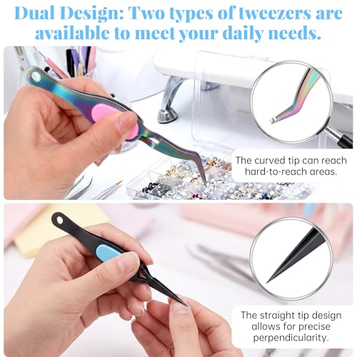 3 PCS Reverse Tweezers for Crafting, Precision Reverse Tweezers with Soft Grip Crossing Lock Stainless Steel Precision Tweezer Set Fine Point and Curved/Straight Tips for Stickers, Jewelry Repair