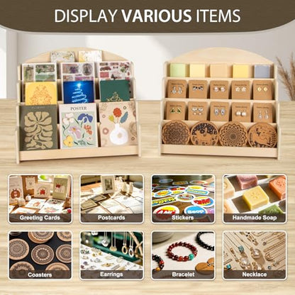 PUERSI Greeting Card Display Stand Holder - 4-Tier Wooden Organizer Rack - color: Beige