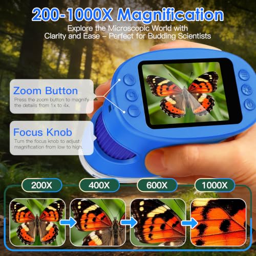 4K 1000X Handheld Digital Microscope for Kids with 2.0" IPS Screen(Blue) - color: Blue