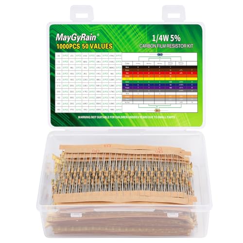 Carbon Film Resistor Kit, 50 Values 1/4W 5% Tolerance Resistors Assortment,0-10M Ohm Through Hole Resistors with Storage Box for Arduino,DIY Electronics Circuit Repair (1/4WJ-50V-1000PCS, Carbon) - style: 1/4WJ-50V-1000PCS