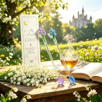 Homestia 2 Pcs Glass Stirring Spoon, Swizzle Sticks with Lily of the Valley - color: 2 PCS + 7.1" + Bells Orchids Flower + Stirring spoon