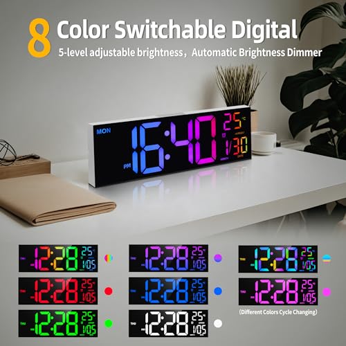 HAITANG 16.2" White Digital Wall Clock, 8 Colors, Remote & Night Light - color: White