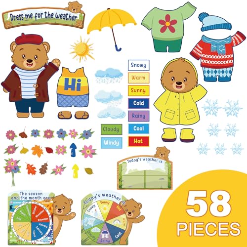 Gilprop 58 Pcs Dress for Weather Bulletin Board Set for Classroom, Bear - style: Bear