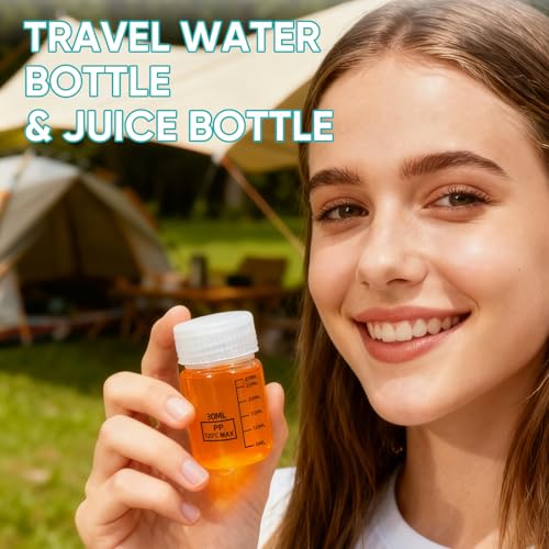 DEMORA Plastic Bottles with Airtight Caps 1oz/30ml, Food Grade Wide Mouth Liquid Containers, Reusable PP Graduated Measuring Bottles for Water Sample Lab Reagent Liquids Mixing (Clear, 4 Pcs)