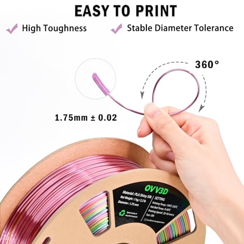 OVV3D Rainbow PLA Filament 1.75mm, PLA Silk PLA 3D Printer Filament Multicolor Silk Color Change Rainbow PLA Filament with Purple Pink Yellow Green Blue, 3D Printing Filament 3D Filament, 1kg - color: Rainbow Silk