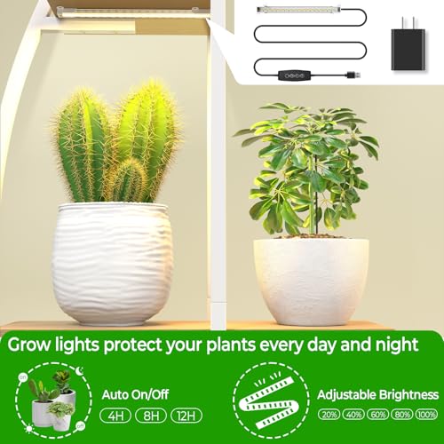 Plant Stand Indoor with 6 Grow Light, 65" Tall 7 Tier White Half Moon Shelf - color: Light Brown Board White Metal 7 Tier 2 Pack