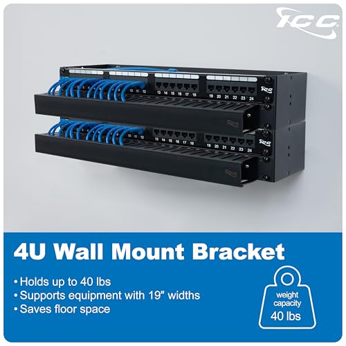 ICC 4U Hinged Wall Mount Rack Bracket, 6" Deep, 40 lb, Black, 2-Pack - size: 2 Pack, style: 4 RMS