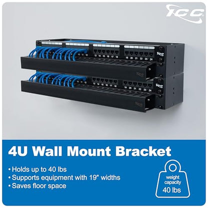 ICC 4U Hinged Wall Mount Rack Bracket, 6" Deep, 40 lb, Black, 2-Pack - size: 2 Pack, style: 4 RMS
