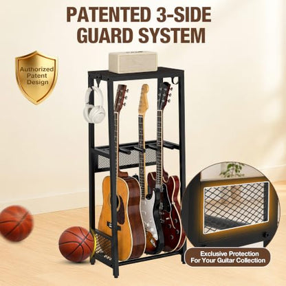 EmberGlow Multi-Guitar Stand with Top Display Shelf - Heavy Duty 24.5 lbs Metal Guitar Rack with Adjustable Spacing & Soft 6mm EVA Padding, Premium Instrument Holder for Acoustic, Electric, Bass, Ukulele, Model S (Brown) - color: Brown Shelf Board, size:
