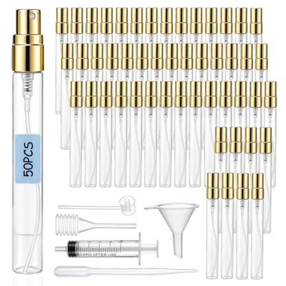 50 Pcs 10 ml Empty Perfume Bottles Label sheets, Portioning Tools Gold Caps