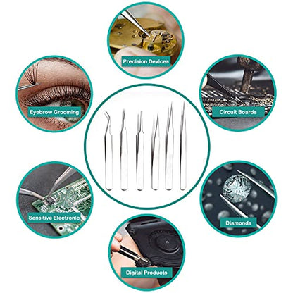 H&W Precision Tweezers 6PCS Set, Anti-Static Steel Curved of Tweezers - color: Silvery