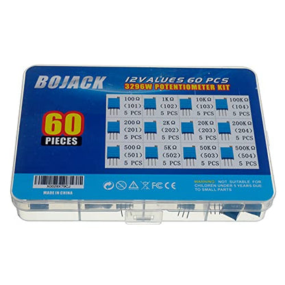 BOJACK 12 Values 60 pcs Variable Resistor 100 to 500K ohm 3296W Multiturn Trimmer Potentiometer Assortment Kit