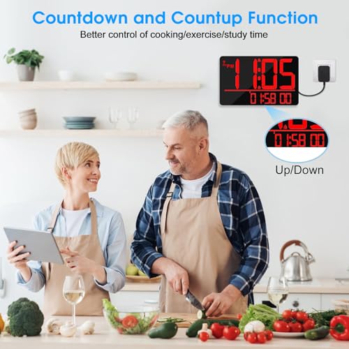 13" Bluetooth Auto Sync Wall Clock - Large Digital Alarm Clock with Remote - style: Red Numbers