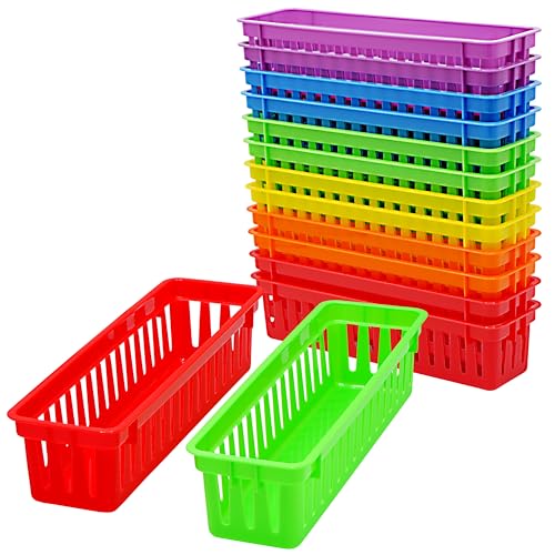 4E's Novelty 12 Pack Pencil Holder for Kids Desk, Colorful Plastic Pen Baskets Tray for Organizing Classroom Supplies, Plastic Caddy for Desk and Elementary Teacher Supplies for Classroom - color: Multicolor