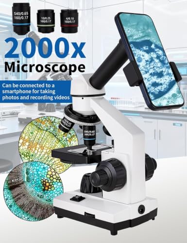 Monocular Microscope,WF10x/25x Eyepieces,40x–2000x Magnification,Up/Down LED,Comes with a Free Experiment Kit & Phone Adapter.Suitable for Students Home and School Lab