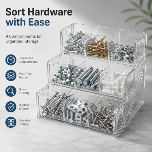 Tool Box Organizer, Screw Organizer, 9-Bin Clear 3-Tier Open Rack