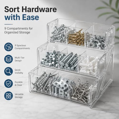 Tool Box Organizer, Screw Organizer, 9-Bin Clear 3-Tier Open Rack