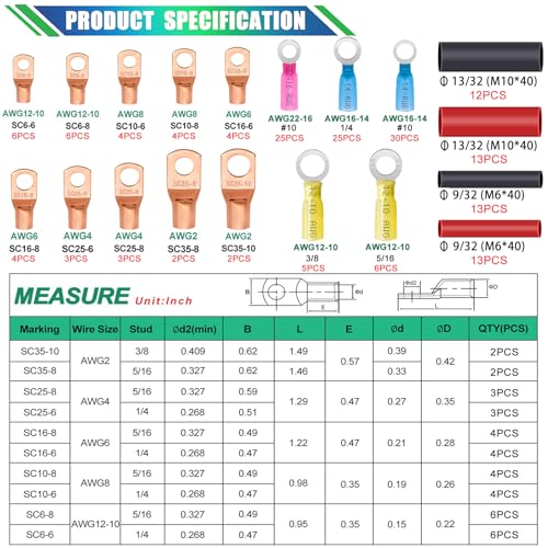 Twidec/180PCS Battery Cable Ends AWG 2 4 6 8 10 12 14 16 Gauge Copper Cable Wire Lugs,Ring Terminals Connectors,Copper Ring Terminals Connectors with Heat Shrink N-105-180PCS - color: 180PCS