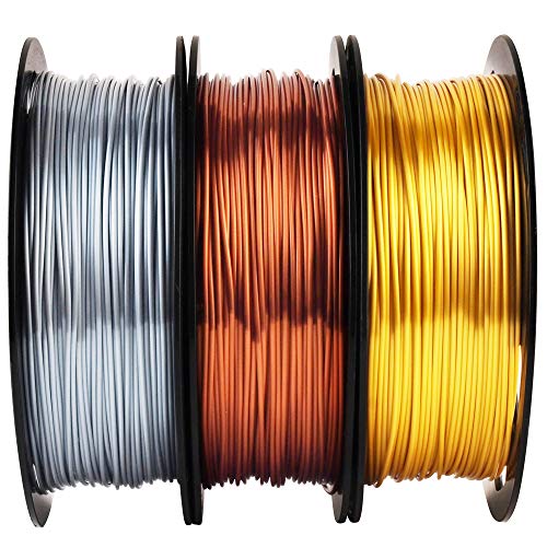 Shiny Silk Gold Silver Copper PLA Filament Bundle, 1.75mm 3D Printer Filament, Each Spool 0.5kg, 3 Spools Pack, with One 3D Printer Remove or Stick Tool MIKA3D - color: Gold+silver+copper