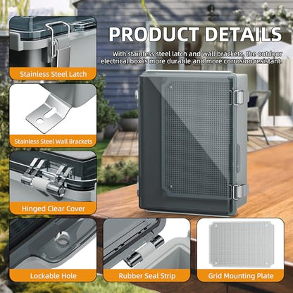 Joinfworld Lockable Outdoor Weatherproof Electrical Box for Electronics Outside 11.4x7.5x5.5 Weather Proof Electrical Box Plastic Nema 4 Enclosure Clear - size: 11.4 x 7.5 x 5.5 inches
