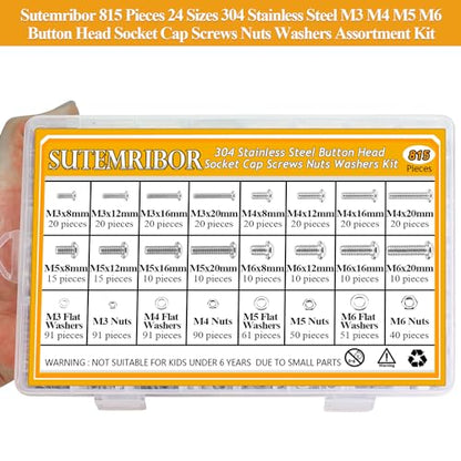 815 Pieces M3 M4 M5 M6 Button Head Socket Cap Screws Nuts Washers Assortment Kit, Metric Screw Assortment with Hex Wrenches, 304 Stainless Steel, Fully Threaded - size: M3M4M5M6 (815 Pieces), style: Button Head