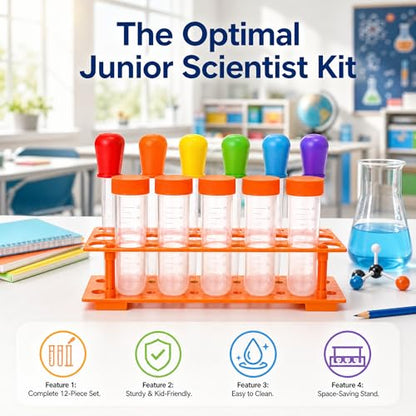 ZENFUN 12 Pieces Jumbo Test Tubes with Stand, Plastic Test Tubes for Primary Science, 5 Pieces Jumbo Test Tubes, 6 Pieces Liquid Droppers Silicone and 1 Piece Storage Stand, Multi-Color