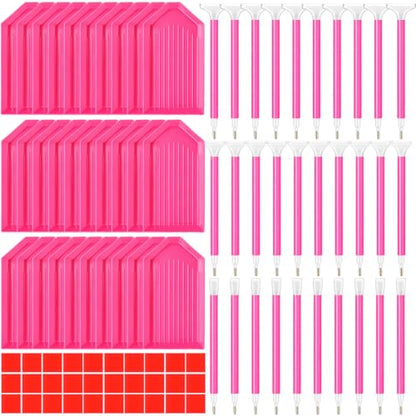 Affrolling 90 Pcs Diamond Art Tools, Drill Pens Trays Glue Clay - color: Rose Red