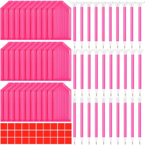 Affrolling 90 Pcs Diamond Art Tools, Drill Pens Trays Glue Clay - color: Rose Red