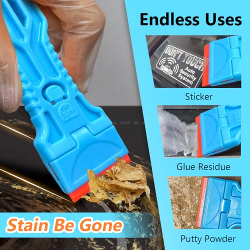 2 Pack Plastic Razor Blade Scraper with 100 Replacement Plastic Blades, Tool-Free One-Press Blade Replacement, Non Scratch Adhesive Remover for Stickers, Labels, Decals, Glass, Windows & Cars