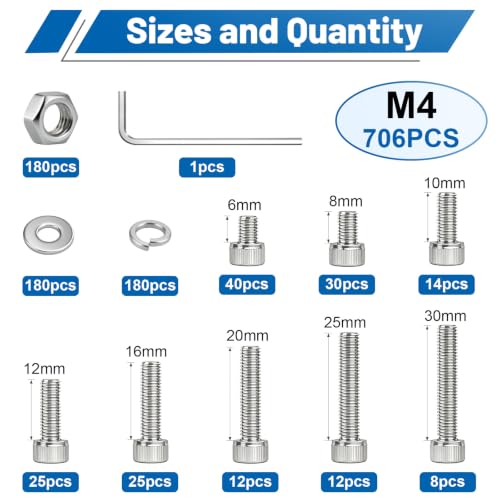 706PCS M4 Socket Screws Nuts Washers Kit, M4x6/8/10/12/16/20/25/30 mm - size: SS M4 706PCS
