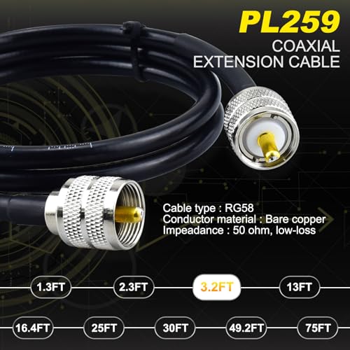 PL259 Jumper Cable 3FT, 1M RG58 Coaxial Cable PL-259 Coax 50 Ohm - color: 1-Pack PL259 Cable, size: 3ft
