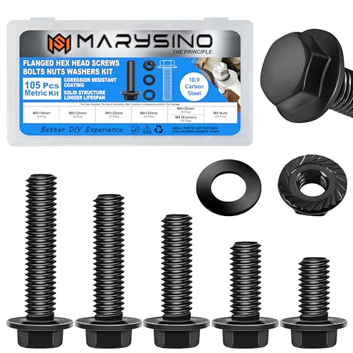 105Pcs Flanged Hex Head M8x1.25 Bolt Assortment, Black Zinc Carbon Steel, Ideal for Precision Machinery, Home Appliances, DIY Projects - color: Black, size: 105Pcs M8