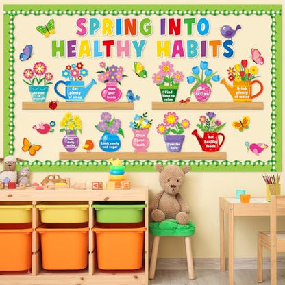 Spring Mental Health Awareness Bulletin Board Decorations Set Spring into Health Habits Theme Classroom Board Decor Flower Butterfly Bird Paper Cutouts for School Door Wall Chalkboard Party Supplies - style: Spring
