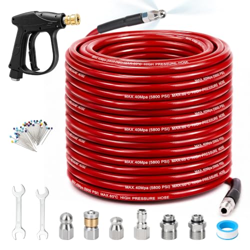 Sewer Jetter Kit for Pressure Washer 150 FT, Drain Cleaner Hose with Power Washer Gun, 1/4 Inch NPT Corner, Rotating and Button Nose Sewer Jetting Nozzle,Waterproof Tape, Pearl Corsage Pin, Spanner - color: Red - With Gun, size: 150FT