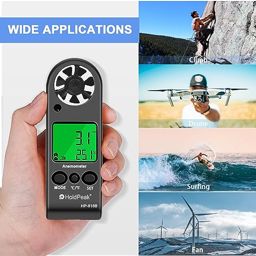 HOLDPEAK Pocket Anemometer Handheld Digital Wind Speed Meter Gauge Air Flow Velocity Temperature Measuring Device for Outdoor Sailing Surfing Drone Flying Golf Shooting HVAC 816B - color: HP-816B-1PC