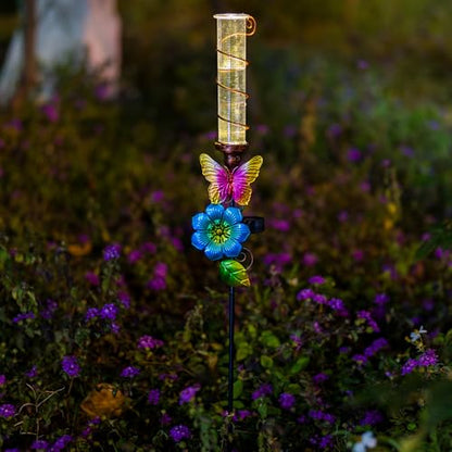 Rain Gauge Outdoor, Solar Water Gauge for Rain - color: Blue Flower-Butterfly