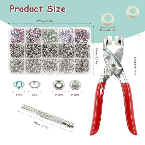 SHRJ 800Pcs Metal Snaps Buttons Kit Multicolor Hollow Sewing Snaps with Fastener Pliers Press Tool Prong Snap Buttons for Bags Clothes Sewing DIY Crafts(200 Sets, 9.5mm) - style: 200 Sets(Hollow)