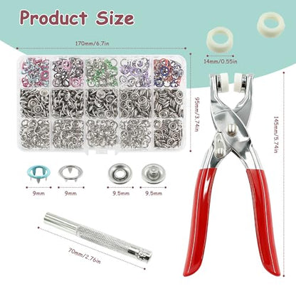 SHRJ 800Pcs Metal Snaps Buttons Kit Multicolor Hollow Sewing Snaps with Fastener Pliers Press Tool Prong Snap Buttons for Bags Clothes Sewing DIY Crafts(200 Sets, 9.5mm) - style: 200 Sets(Hollow)