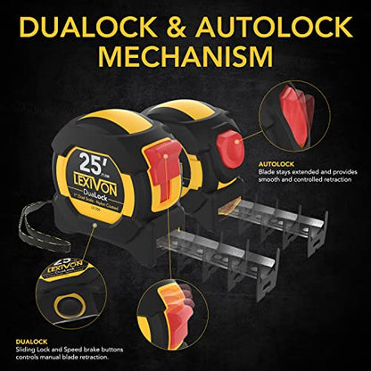 LEXIVON [4-Pack] 25Ft/7.5m Tape Measure, DuaLock & AutoLock | 1-Inch Wide Blade with Nylon Coating, Matte Finish White & Yellow Dual Sided Rule Print | Ft/Inch/Fractions/Metric (LX-204X2) - size: 4PK-25FT DuaLock & AutoLock