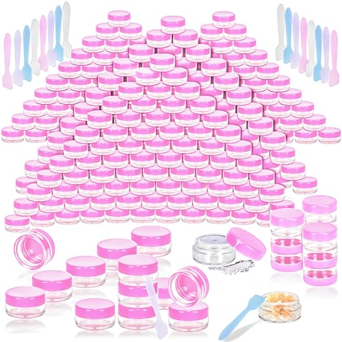 100 Pcs 5g Empty Plastic Containers with Pink Lids,Mini Makeup Sample Containers, Small Sample Pot Jars Round Cosmetic Jars with Mini Spatulas for Liquid Sample Powder Creams Lotions - color: Pink, size: 100PCS